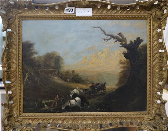 19th century oil, Carter in a landscape (51731-7), 31 x 40 cms